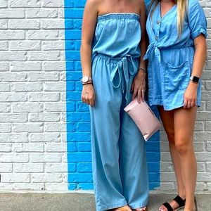 Strapless denim full pant romper - Small